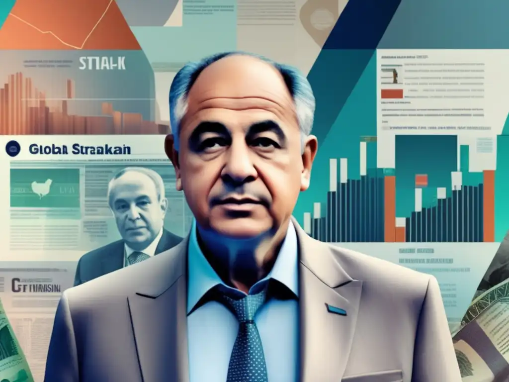 Un collage digital moderno de alta resolución con Dominique Strauss-Kahn en primer plano, rodeado de imágenes de mercados financieros globales, monedas mundiales y titulares de noticias de la época de la crisis financiera