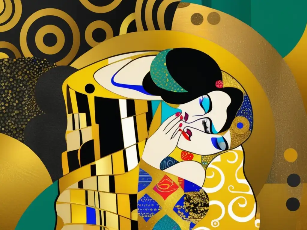 Un collage digital moderno y vibrante, con 'El Beso' de Gustav Klimt fusionado con símbolos contemporáneos