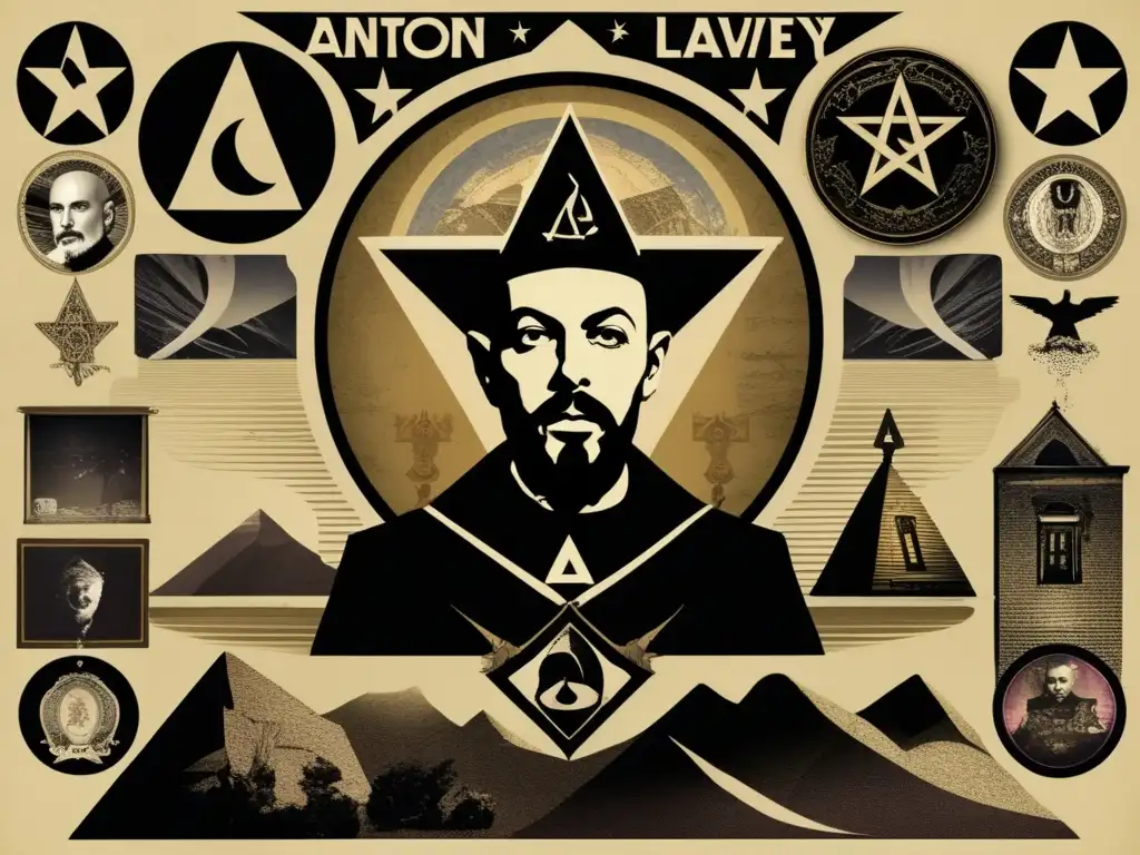 Misteriosos recuerdos de Anton LaVey: collage digital evocador Un collage digital de alta resolución con elementos icónicos relacionados con la infancia y juventud de Anton LaVey
