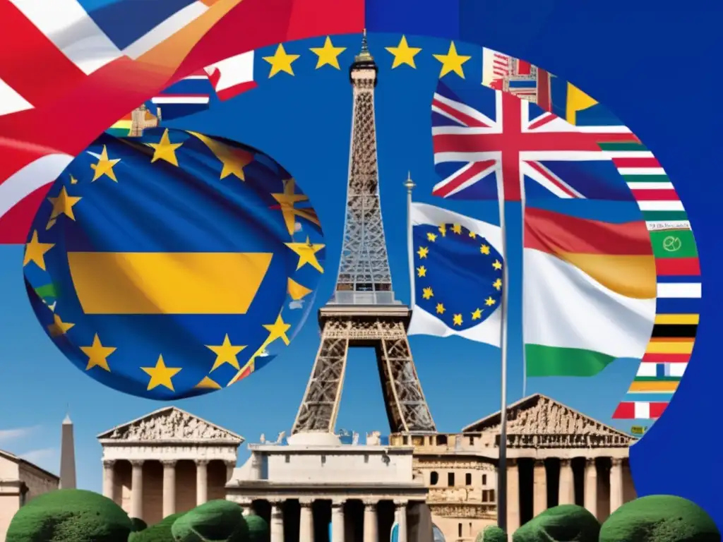 Un collage digital vibrante de banderas europeas ondeando al viento, con emblemáticos monumentos de fondo