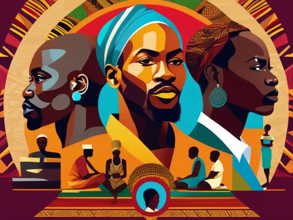 Un collage digital vibrante y moderno que destaca a diversos filósofos e iconos culturales africanos, enmarcados por patrones y símbolos tradicionales