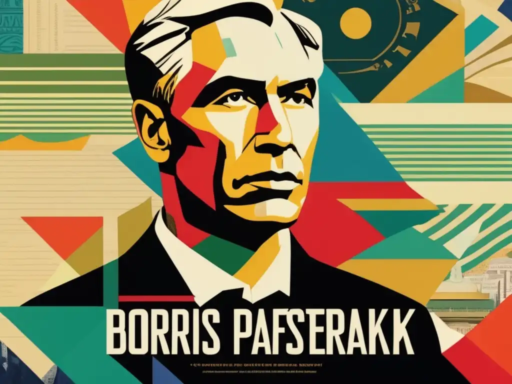 Un collage digital vibrante y moderno que fusiona imágenes de Boris Pasternak, literatura rusa y símbolos filosóficos