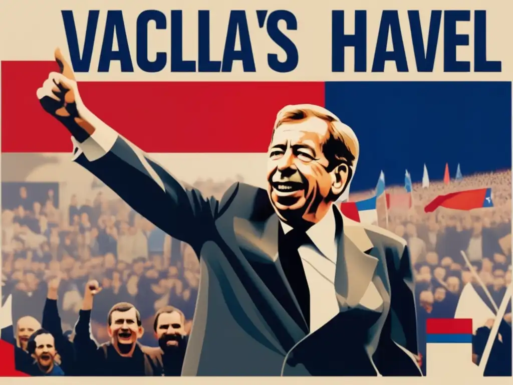 Un collage digital vibrante y moderno que captura la energía de Vaclav Havel liderando la caída del comunismo en Checoslovaquia
