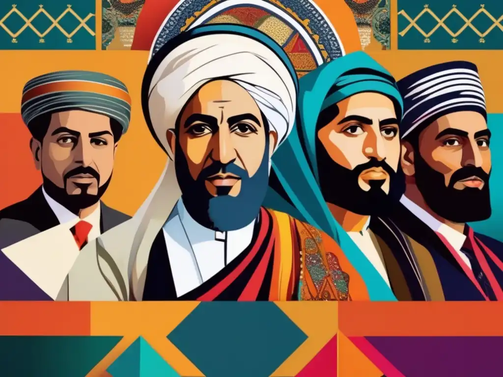 Un collage digital vibrante y moderno que representa la influencia y legado de líderes del Medio Oriente, con figuras históricas y contemporáneas entrelazadas y motivos culturales