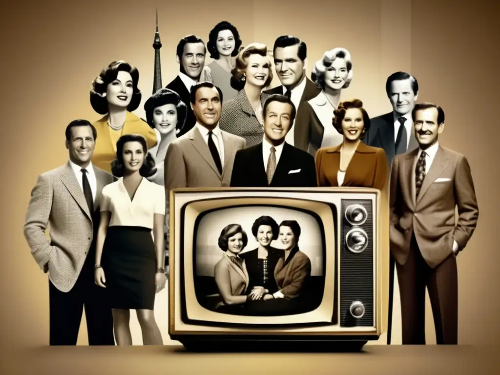 Un collage dinámico de presentadores destacados de televisión, capturando la evolución y la influencia atemporal de la televisión