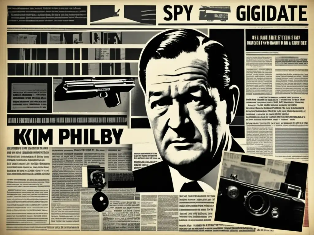 Un collage moderno de alta resolución con gadgets de espionaje vintage, fotos en blanco y negro de Kim Philby y recortes de periódicos relacionados con el espionaje durante la Guerra Fría