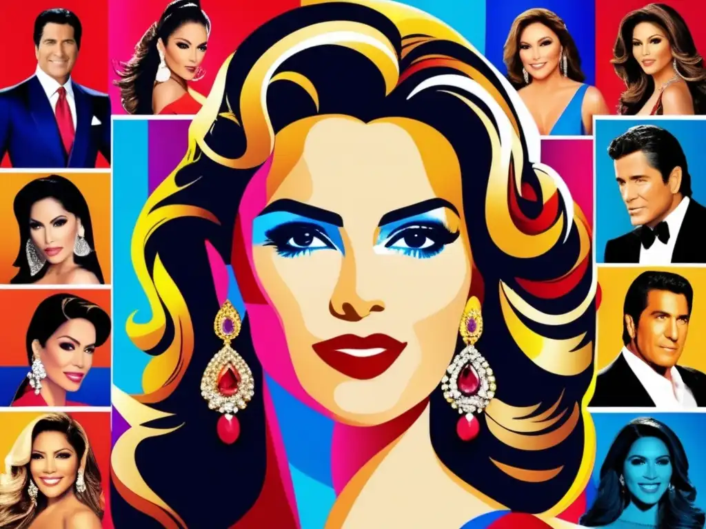 Un collage vibrante y colorido de estrellas icónicas de telenovelas, capturando la evolución del género