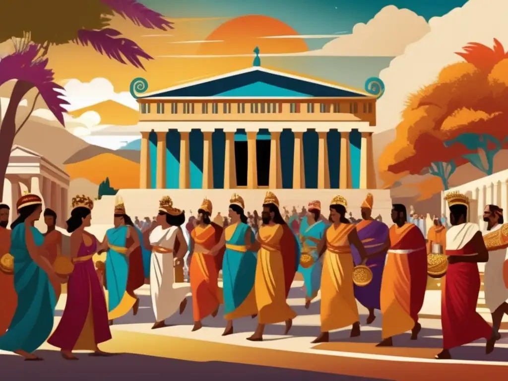 Una colorida representación digital de una procesión en un festival antiguo de Grecia