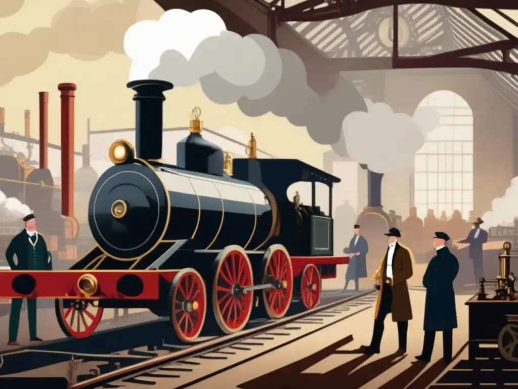 En la colorida ilustración, James Watt destaca junto a su máquina de vapor, rodeado de trabajadores y maquinaria industrial, capturando la importancia de su innovación en la Revolución Industrial