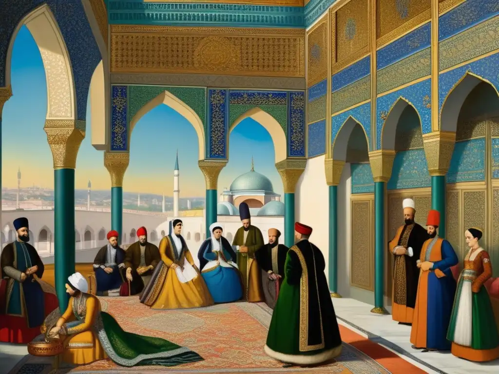 En la colorida pintura, la dinámica corte Otomana Sultana Kösem brilla con opulencia y vibrante decorado en el Palacio Topkapi