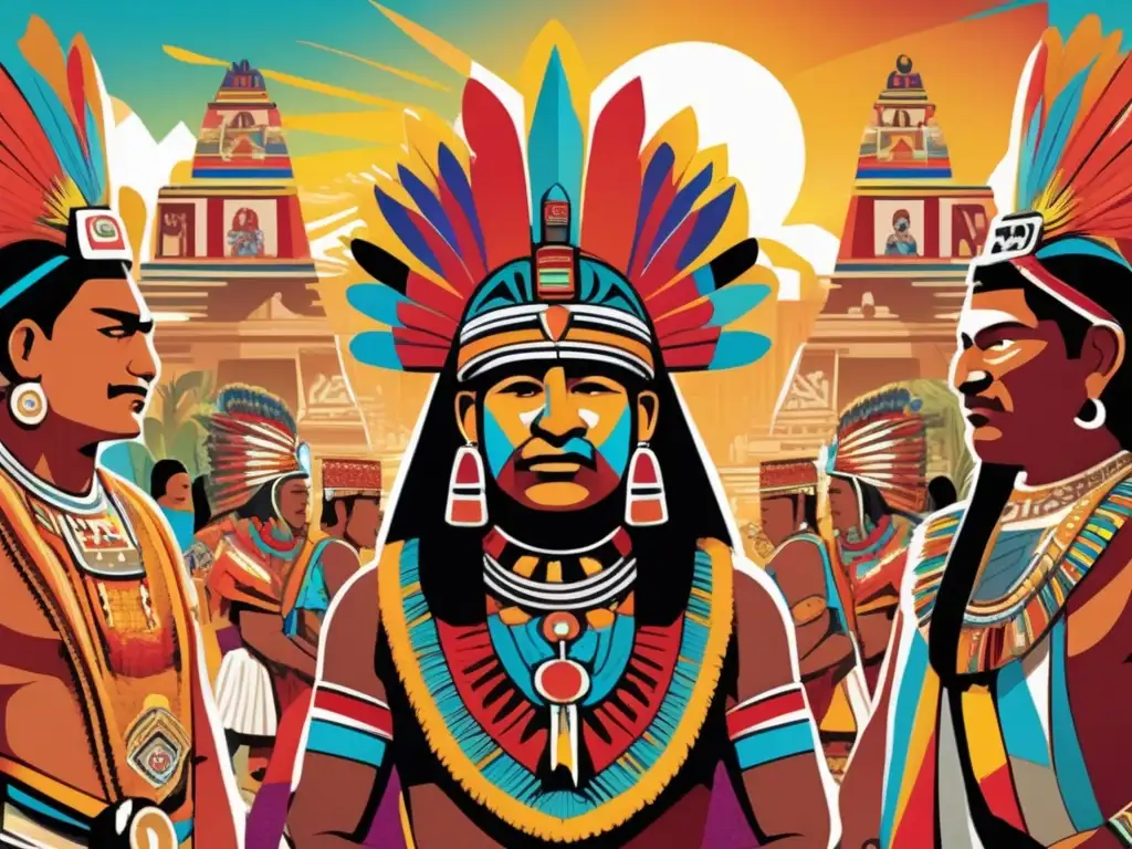 Un colorido y moderno arte digital que muestra a líderes aztecas en actividades religiosas y políticas, rodeados de una bulliciosa ciudad azteca