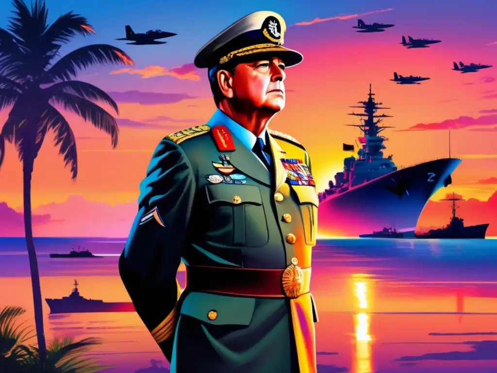 El Comandante Supremo MacArthur observa con determinación desde la isla del Pacífico al atardecer, rodeado de buques de guerra y aviones