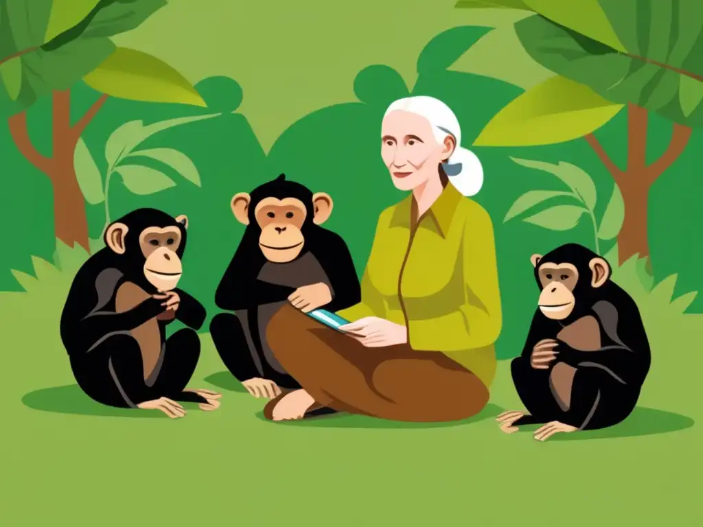 Jane Goodall disfruta de la compañía de los chimpancés en su hábitat natural, creando un vínculo profundo y armonioso