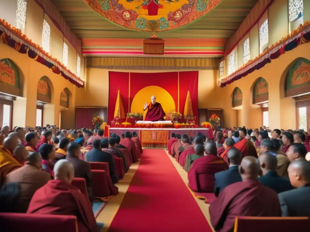 El Dalai Lama, líder compasivo, ofrece un discurso en un majestuoso salón lleno de seguidores, rodeado de coloridas tapices tibetanos