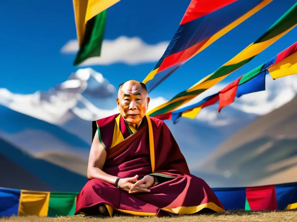 El Dalai Lama, líder compasivo, medita sereno entre coloridas banderas tibetanas, enmarcado por majestuosas montañas del Himalaya