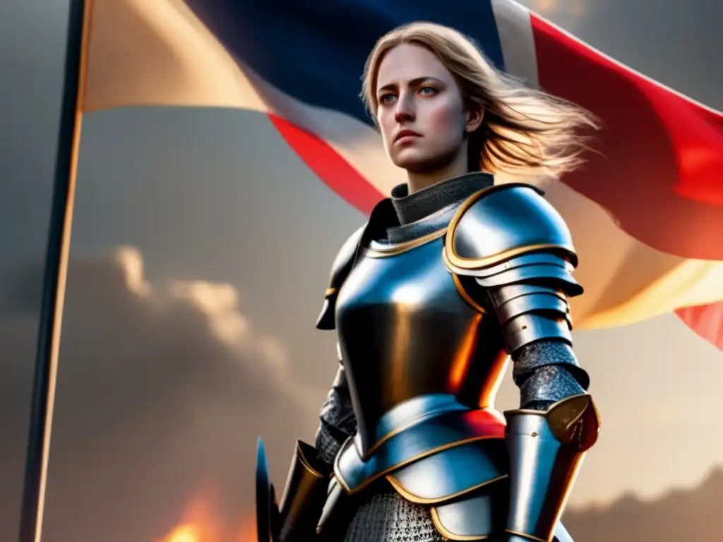 Joan of Arc biografía completa: Imagen de Juana de Arco en armadura, firme en el campo de batalla con la bandera francesa ondeando detrás