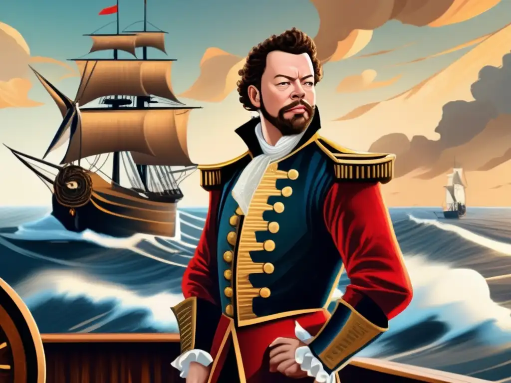Sir Francis Drake completo: Pintura digital de Drake en su barco, mirando al horizonte con determinación, rodeado de velas y el vasto océano