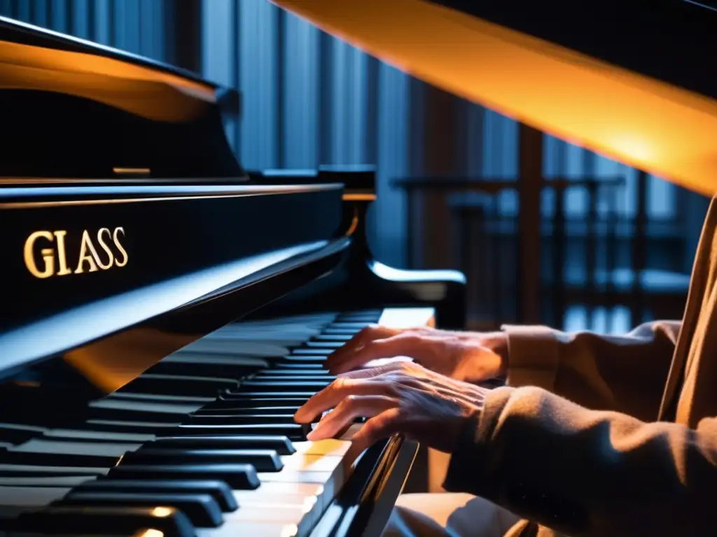 Philip Glass, compositor de música minimalista, inmerso en su piano con intensa concentración