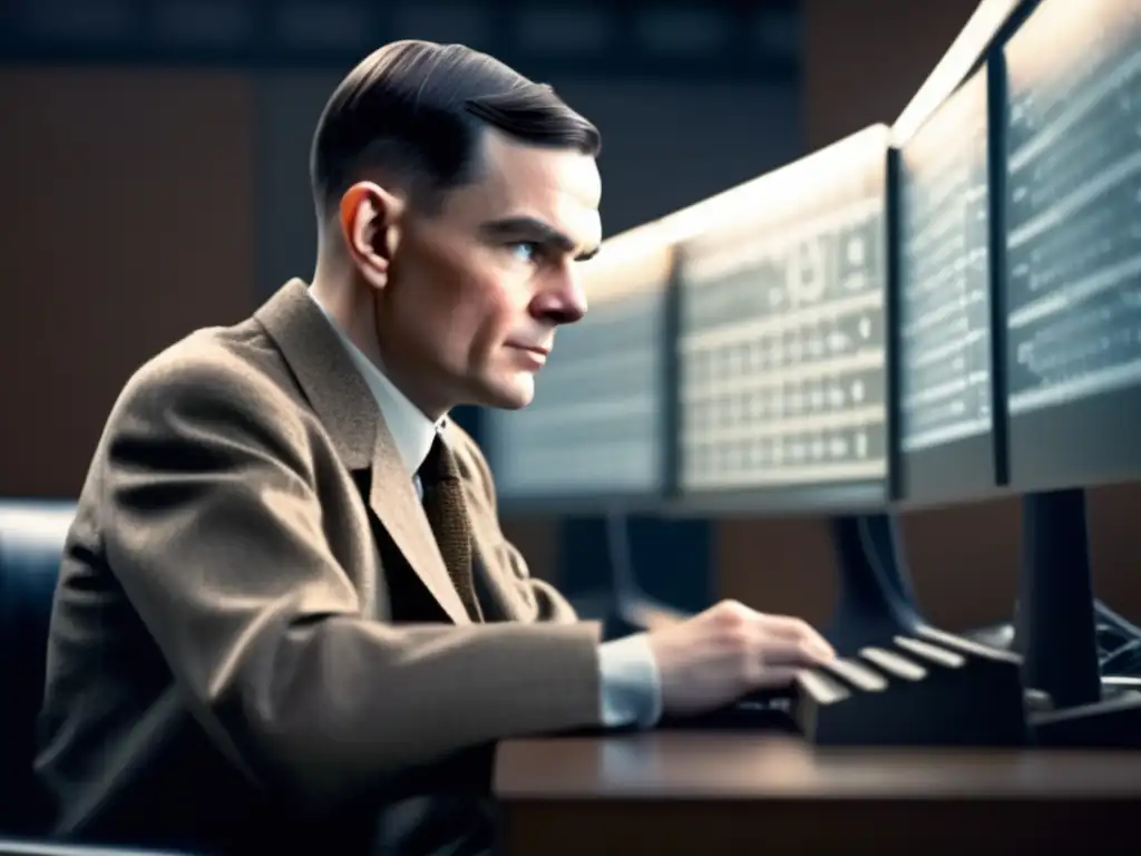 Alan Turing, genio de la computación moderna, enfocado en su trabajo frente a una computadora, con expresión determinada