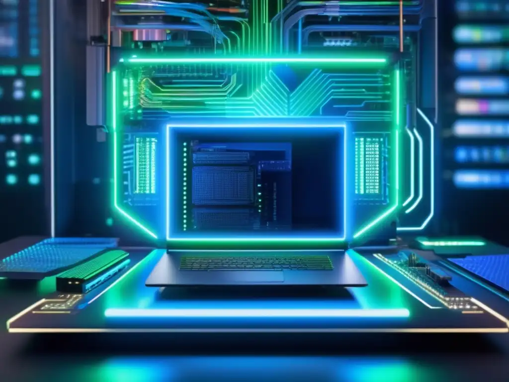 Una computadora moderna con carcasa transparente revela intrincada electrónica y luces azules y verdes