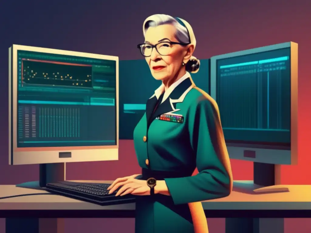 Grace Hopper programando en una computadora moderna, con determinación y enfoque