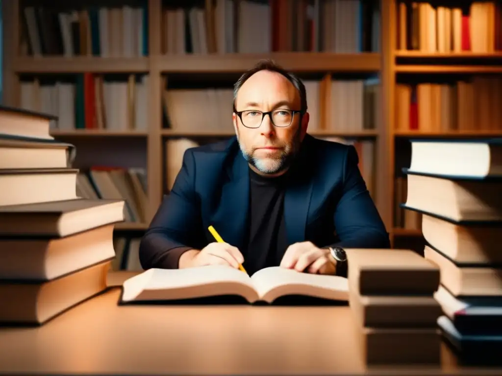 Jimmy Wales se enfoca intensamente en su computadora rodeado de libros y materiales de investigación, creando el marco de Wikipedia