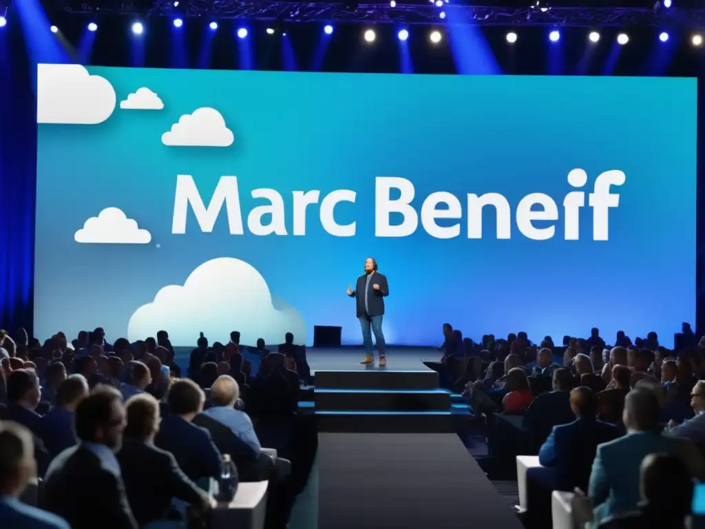 Marc Benioff lidera la revolución del cloud computing con Salesforce, inspirando a una audiencia entregada en una conferencia tecnológica