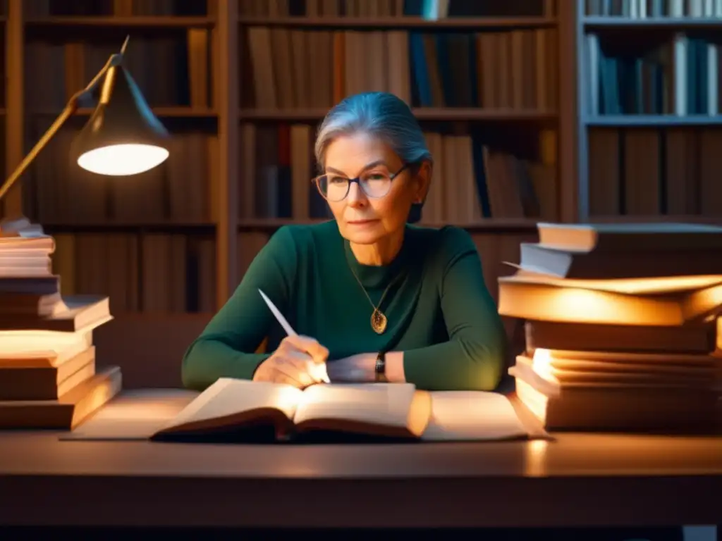Janet Malcolm concentrada en su escritorio, rodeada de libros y papeles
