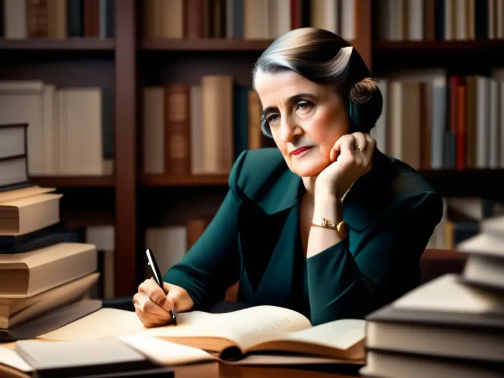 Ayn Rand concentrada en su escritura, rodeada de libros y papeles