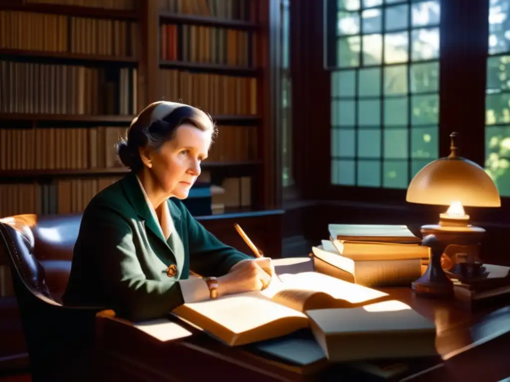 Rachel Carson concentrada en su estudio, rodeada de libros y materiales de investigación, escribiendo con determinación bajo la cálida luz del sol