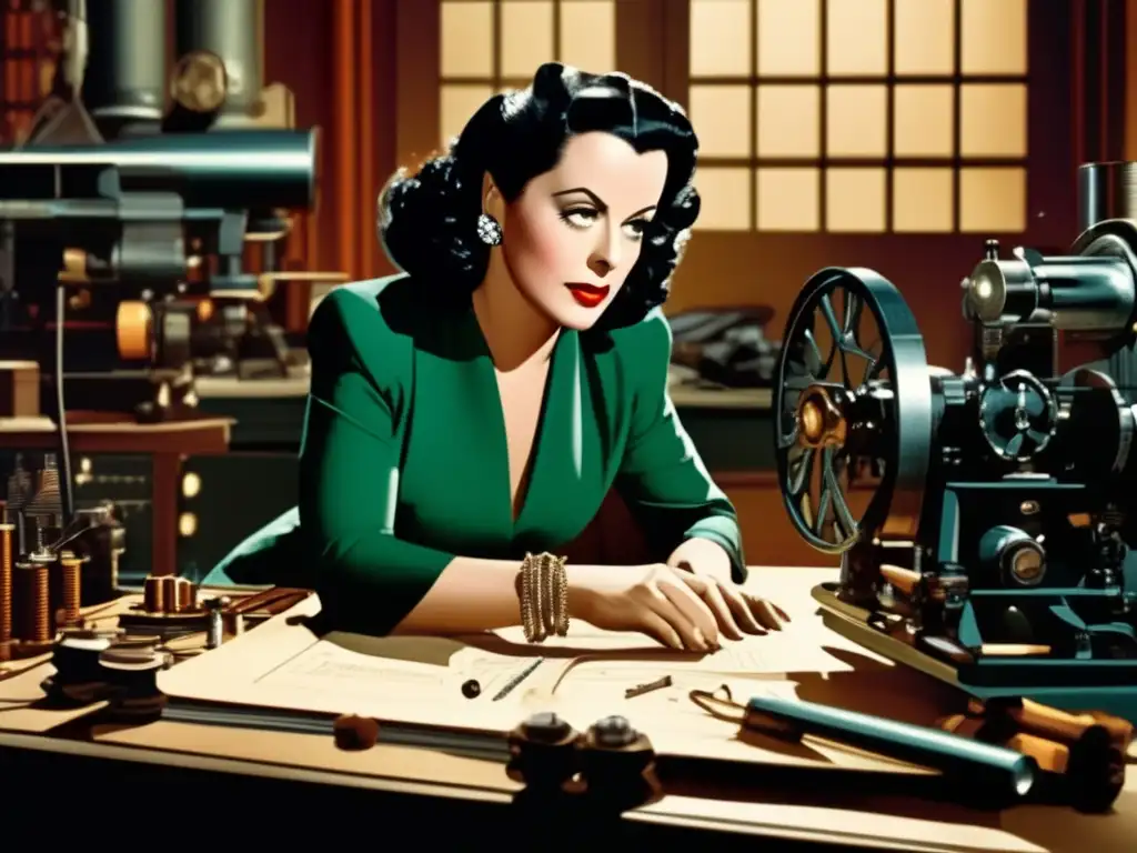 Hedy Lamarr concentrada en su invención ingeniera, rodeada de equipo técnico y herramientas de diseño, simbolizando su impacto en las comunicaciones