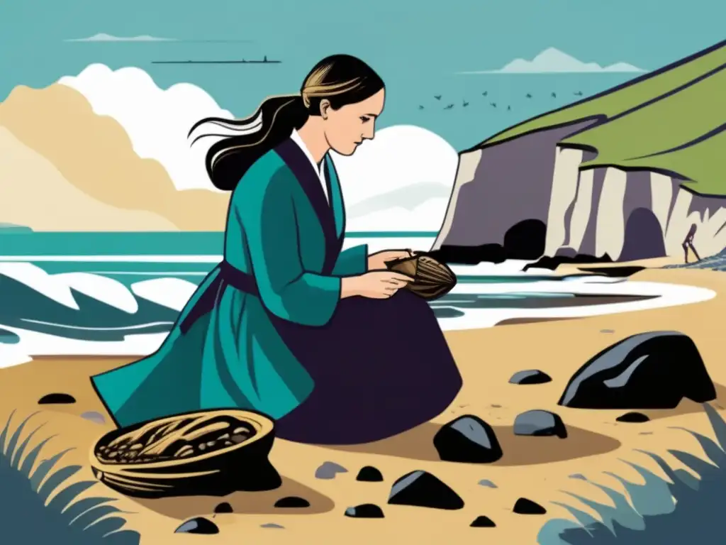 Concentrada en su labor, Mary Anning descubre fósiles en la costa de Lyme Regis, Inglaterra