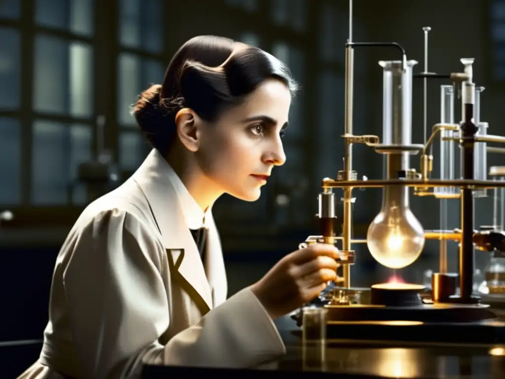 Lise Meitner, física átomo Nobel, concentrada en su laboratorio, rodeada de equipamiento científico, con determinación en su rostro