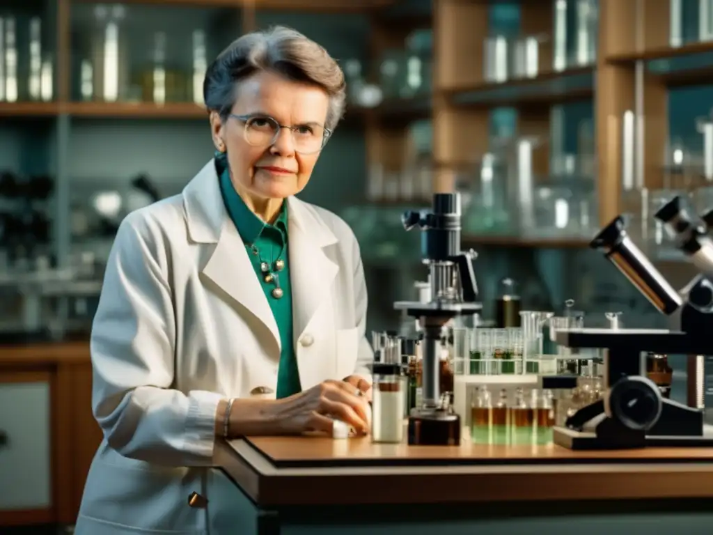 Barbara McClintock concentrada en su laboratorio, rodeada de microscopios y tubos de ensayo