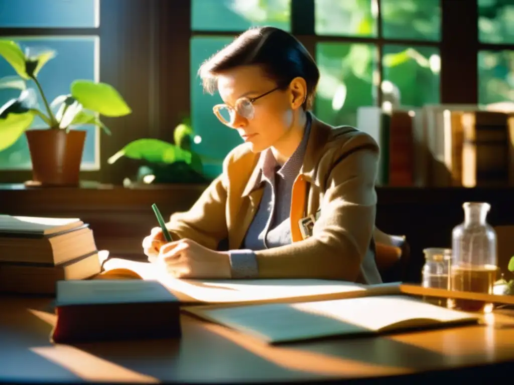 Barbara McClintock concentrada en su libro sobre genética rodeada de plantas y equipo científico