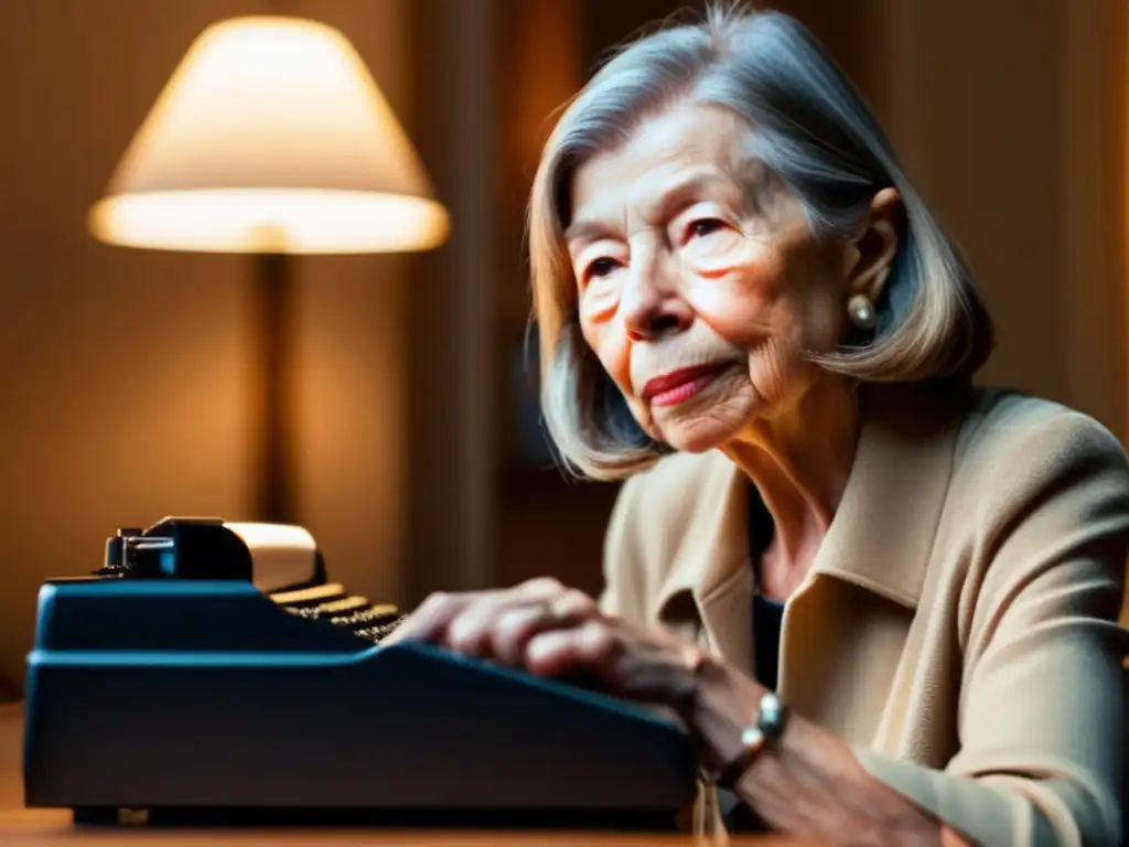 Joan Didion concentrada en su máquina de escribir vintage, iluminada por una lámpara de escritorio