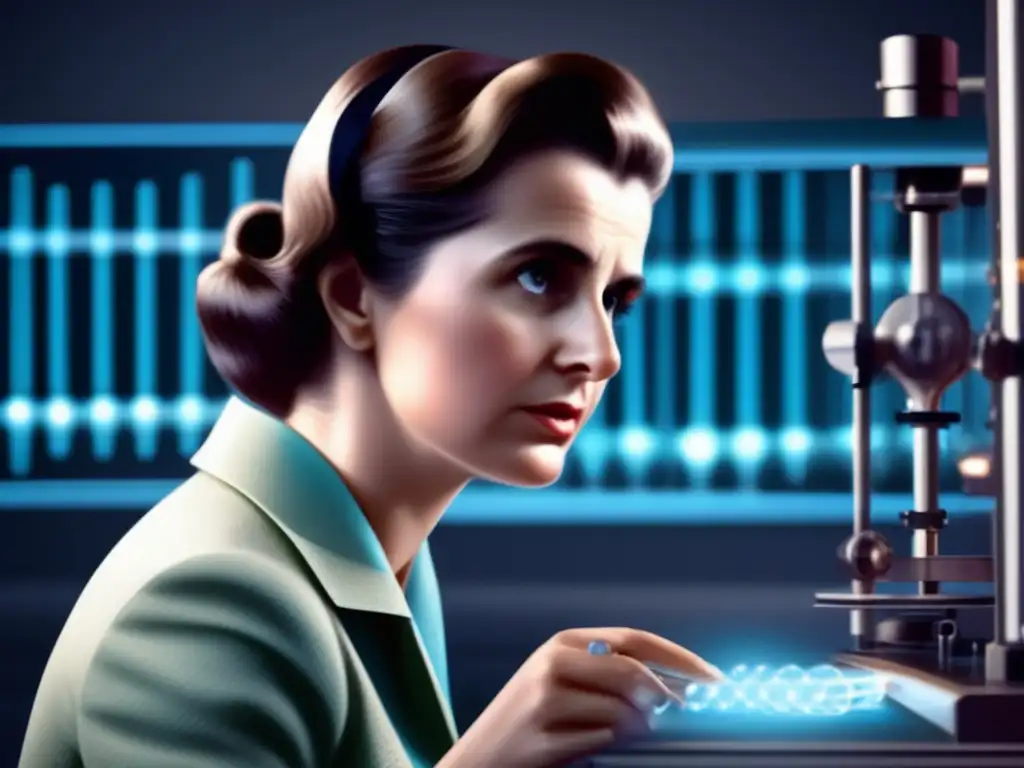 Concentrada, Rosalind Franklin analiza una fotografía de difracción de rayos X del ADN, destacando su importancia en genética