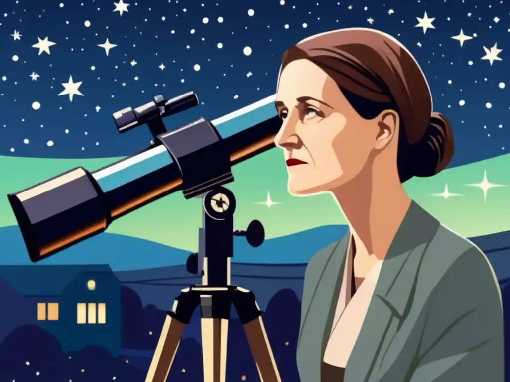 Cecilia Payne concentrada en su telescopio, explorando el cosmos