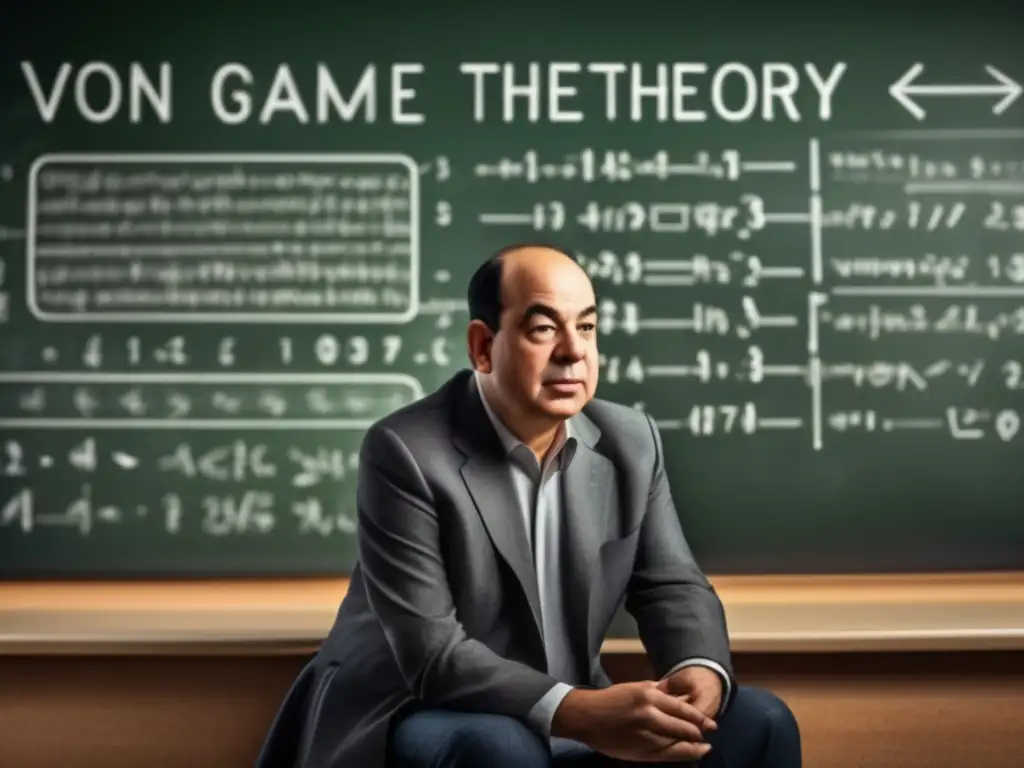 John von Neumann concentradamente resolviendo ecuaciones de teoría de juegos en una pizarra, en una imagen 8K detallada y moderna