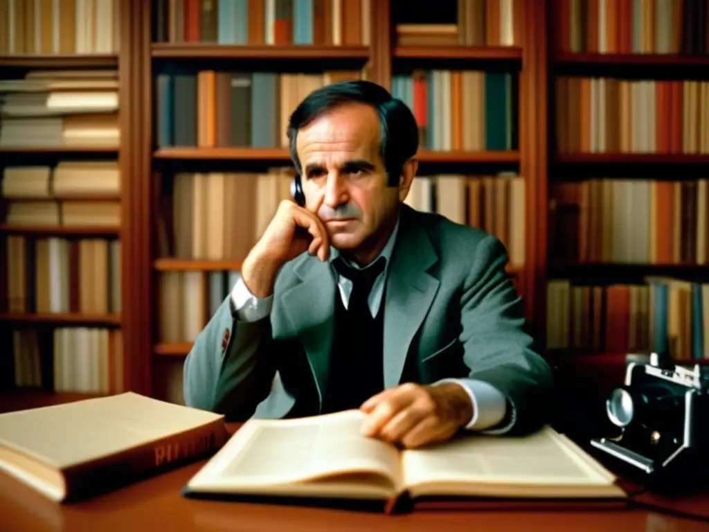 François Truffaut concentrado en su escritorio, rodeado de libros y rollos de película, creando un guión