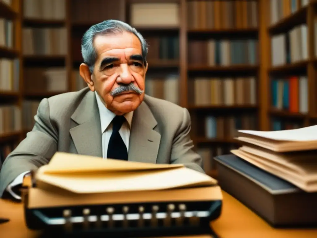 Gabriel García Márquez concentrado en su escritorio, rodeado de libros y papeles, reflejando su pasión por el periodismo en Latinoamérica