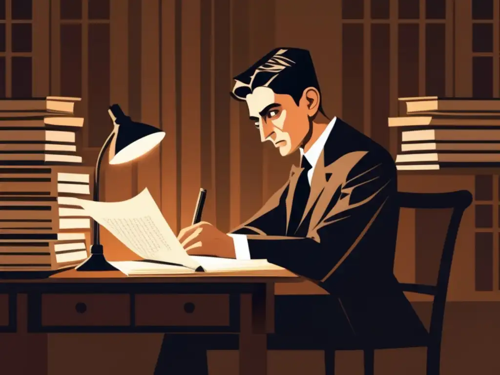 Franz Kafka concentrado en su escritorio, rodeado de libros y papeles