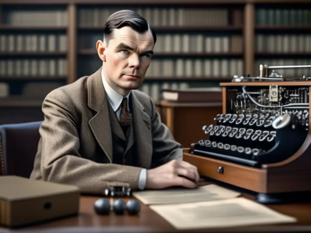 Alan Turing concentrado en su escritorio, rodeado de papeles y una máquina Enigma parcialmente desarmada