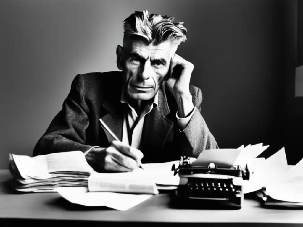 Samuel Beckett concentrado en su escritorio, rodeado de papeles arrugados y una máquina de escribir