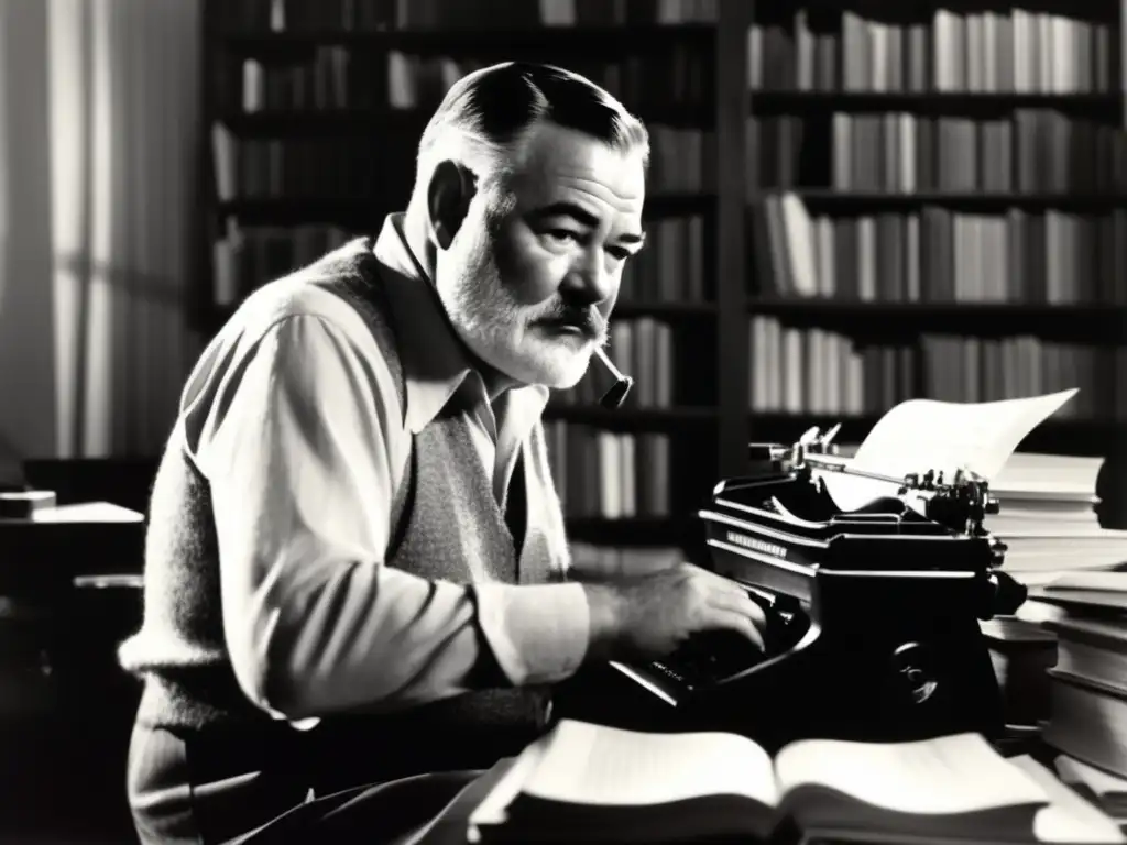 Ernest Hemingway Nobel, concentrado en su escritura, rodeado de libros y papeles, bajo una intensa iluminación