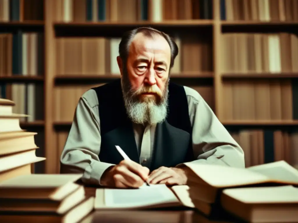 Aleksandr Solzhenitsyn concentrado en su escritura rodeado de libros
