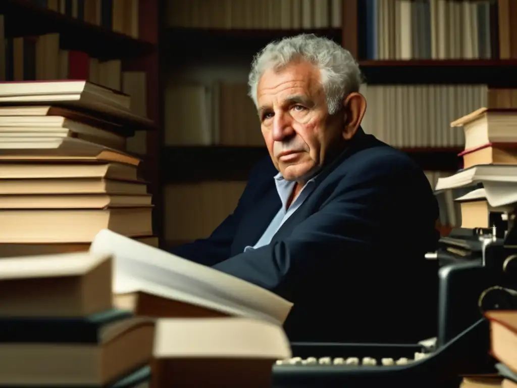 Norman Mailer concentrado en su escritura, rodeado de libros y papeles