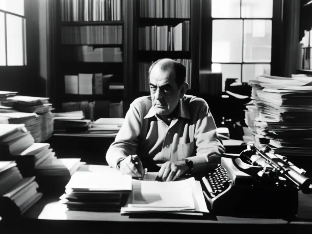 Luis Buñuel concentrado en su escritura, rodeado de papeles y rollos de película