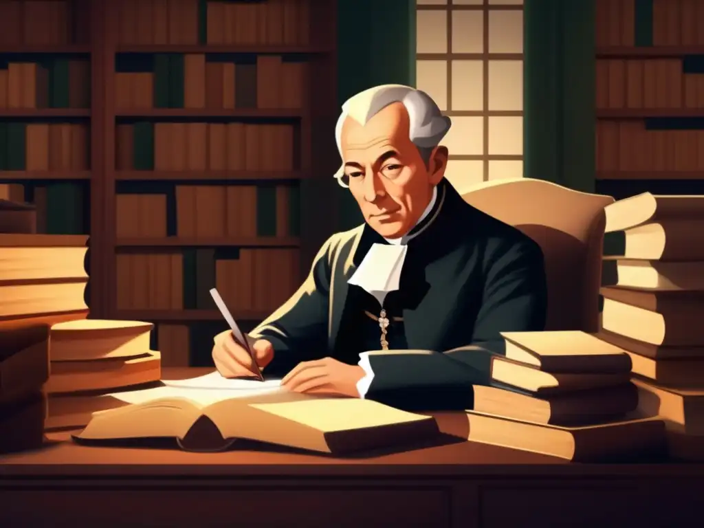 Immanuel Kant concentrado en su estudio, rodeado de libros y papeles