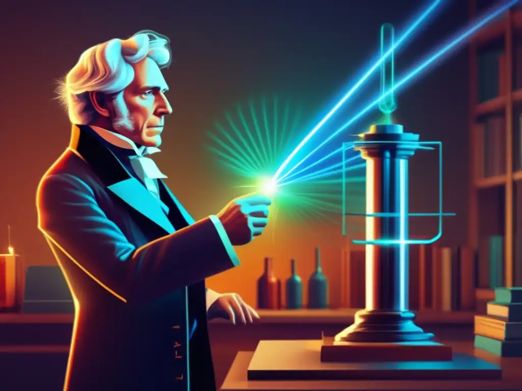 Michael Faraday concentrado en un experimento de electromagnetismo